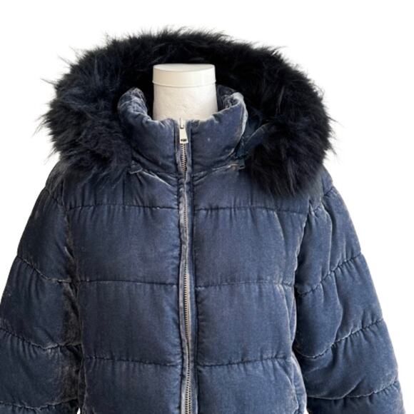 Loft Blue Faux Fur Detachable Hood Crushed Velvet Puffer Quilted Coat Small - Picture 4 of 13